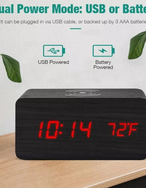 Load image into Gallery viewer, Wooden Digital Alarm Clock with Wireless Phone Charging Pad
