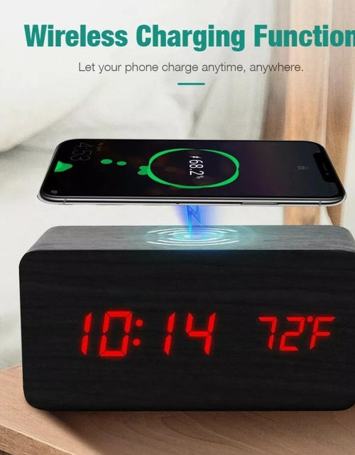 Load image into Gallery viewer, Wooden Digital Alarm Clock with Wireless Phone Charging Pad
